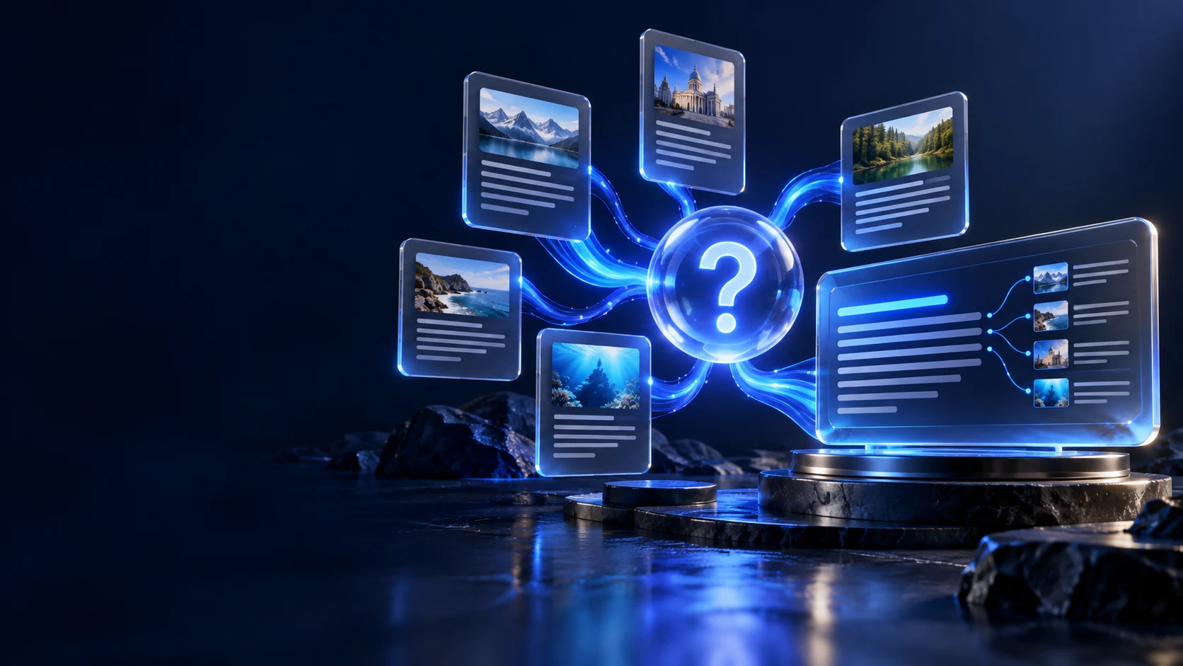 Cinematic 3D illustration connecting a question, document sources and an AI answer