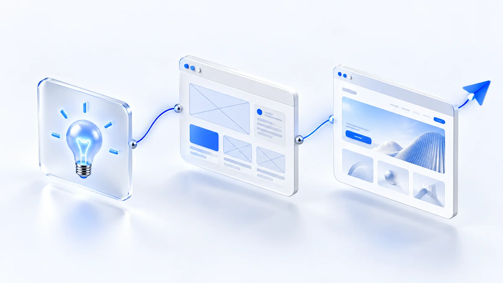 Glass lightbulb and website interface illustrating the journey from idea to launch