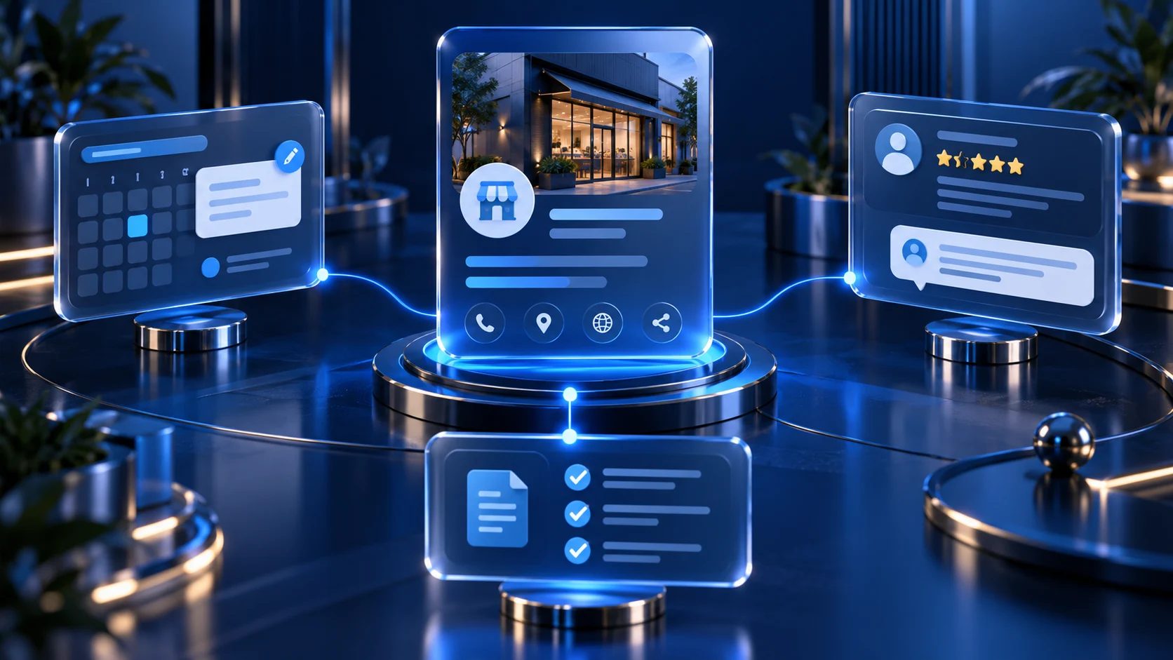 3D concept of coordinated profile updates, review responses and business information checks