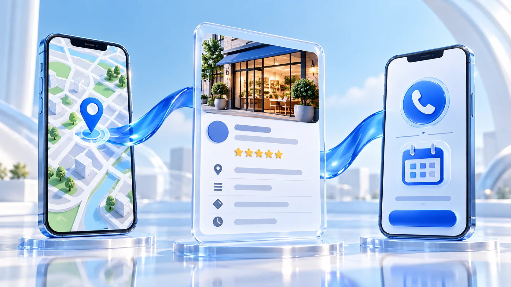 3D customer journey from a map location to a business profile and a phone or booking action