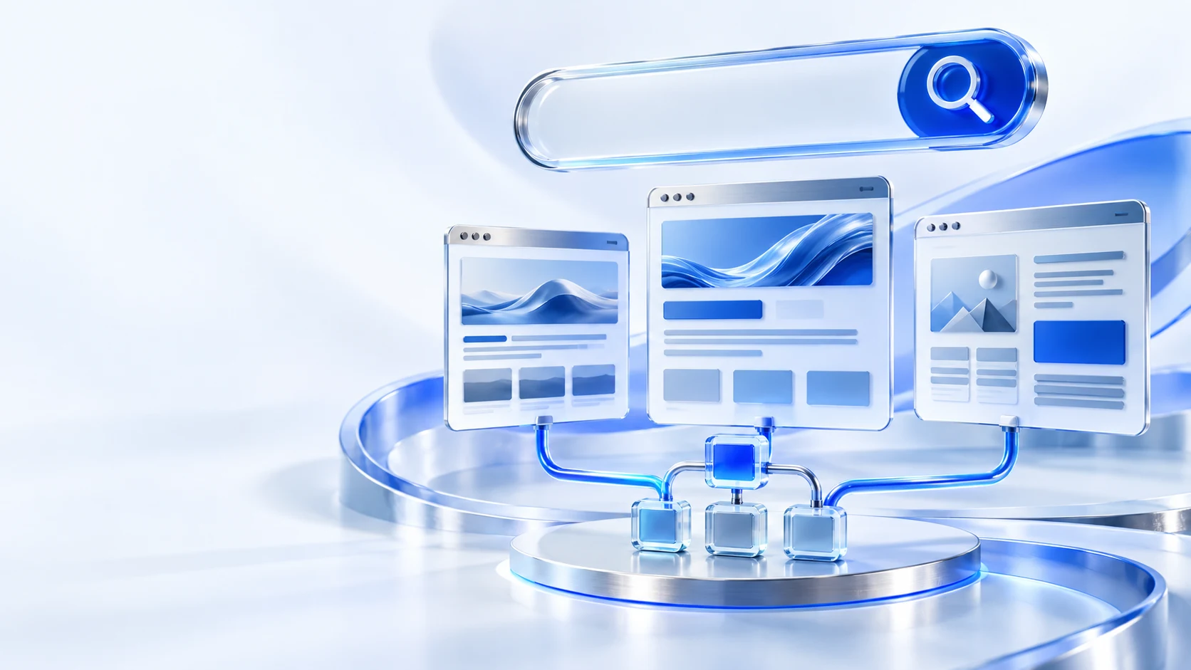 3D illustration of a search interface, linked website pages and a sitemap