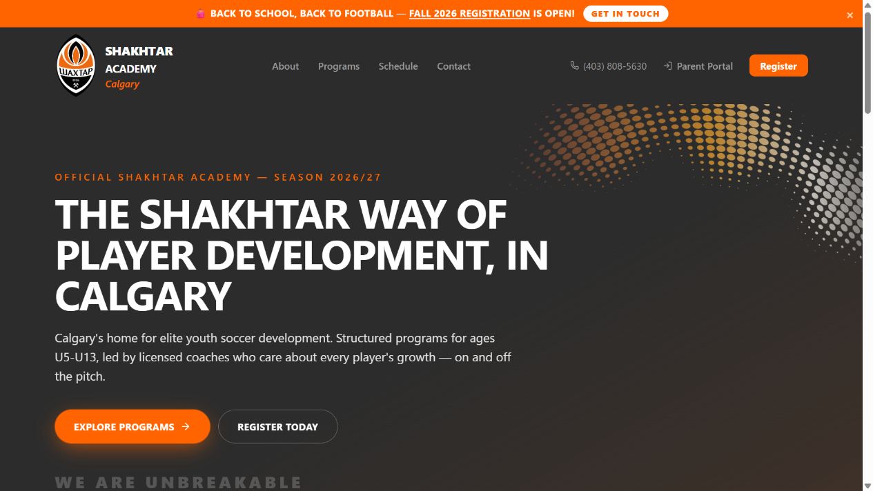 Shakhtar Academy Calgary website screenshot
